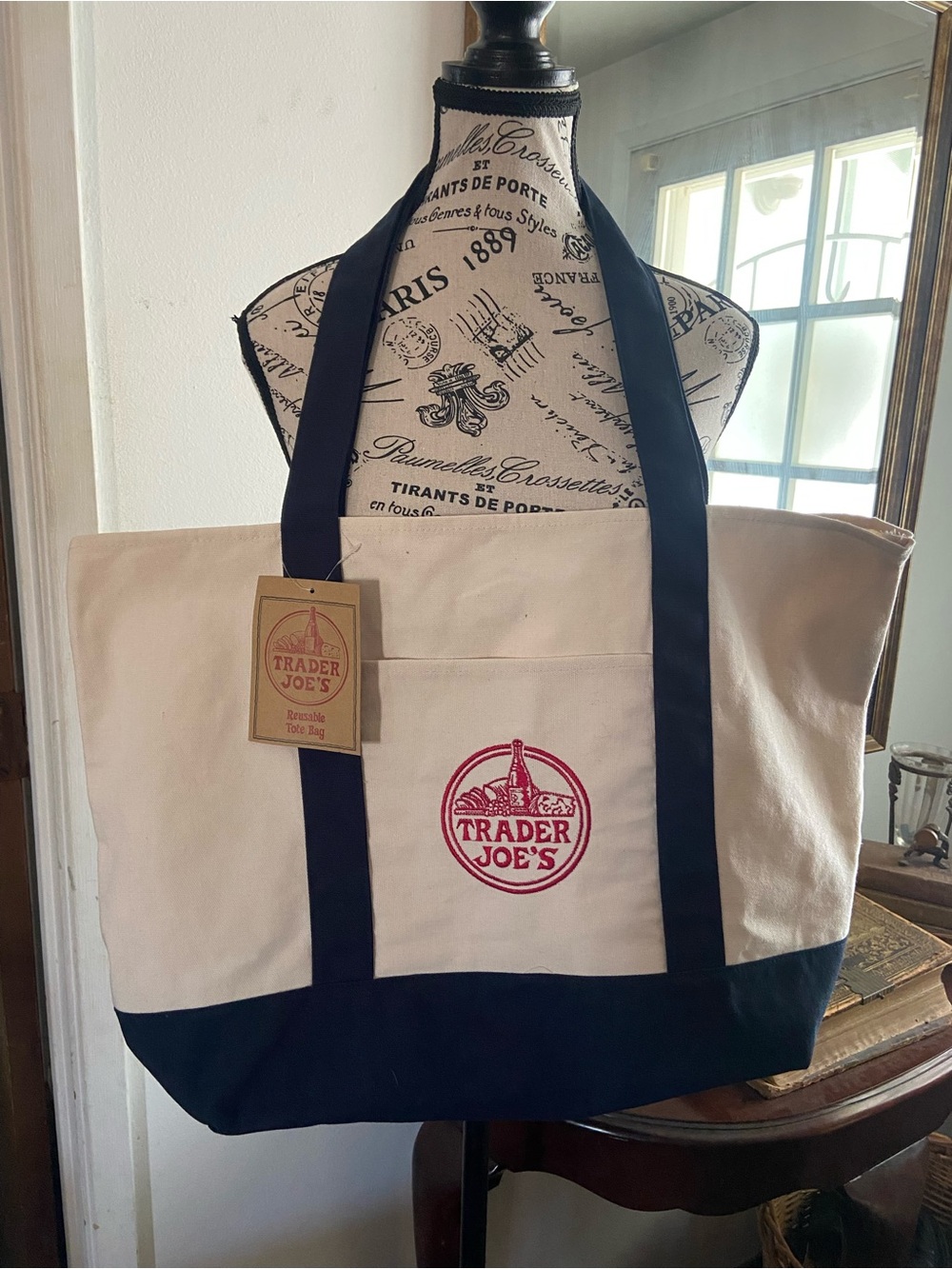 Trader Joe's Canvas Tote in Cream and Black with Red Logo - Picture 1 of 1